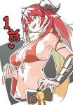  :d bare_shoulders bikini bracer breasts character_request commentary_request fangs highres horns large_breasts long_hair marchen_madchen muchi_maro navel open_mouth orange_bikini pointing pointing_at_viewer red_hair scarf smile solo swimsuit upper_body yellow_eyes yellow_scarf 