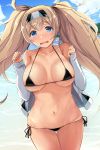  1girl bangs bare_shoulders beach bikini black_bikini blonde_hair blue_eyes blue_sky blush breasts breasts_apart cloud collarbone commentary_request day eyebrows_visible_through_hair gambier_bay_(kantai_collection) gin&#039;ichi_(akacia) groin hair_between_eyes hairband hands_up highres jacket kantai_collection large_breasts legs_up long_hair messy_hair micro_bikini navel ocean off_shoulder open_clothes open_jacket open_mouth outdoors sand side-tie_bikini sidelocks skindentation sky solo stomach swimsuit tareme tearing_up thighs twintails wet 