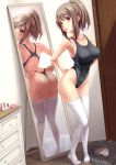  adjusting_clothes adjusting_swimsuit ass black_swimsuit breasts brown_eyes brown_hair chestnut_mouth collarbone commentary competition_swimsuit drawer english_commentary eyebrows_visible_through_hair full-length_mirror full_body hair_between_eyes highres hikaru_ga_chikyuu_ni_itakoro large_breasts long_hair looking_at_mirror mirror nekotama_(tsuki) one-piece_swimsuit one-piece_thong ponytail reflection shikibu_honoka solo standing swimsuit thighhighs white_legwear 