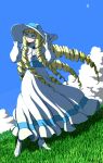  blonde_hair blue_eyes cloud day dianna_soreil dress drill_hair gloves grass gundam hat long_hair moon shirono standing turn_a_gundam 