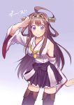  breasts commentary_request desu highres kantai_collection kongou_(kantai_collection) long_hair looking_at_viewer salute sideboob simple_background smile solo thighhighs yururi-ra 
