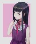  arm_at_side black_eyes black_hair candy cl dress food grey_background hand_up high_score_girl lollipop long_hair looking_at_viewer oono_akira pink_background purple_dress red_ribbon ribbon simple_background solo standing upper_body 