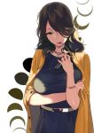  belt bracelet breasts brown_hair commentary_request crossed_arms dress glasses green_dress green_eyes hair_over_one_eye holding holding_eyewear jacket jacket_on_shoulders jewelry large_breasts mature necklace original sasamori_tomoe standing yellow_jacket 