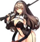  alternate_costume artist_name bandolier bangs black_leotard breasts cartridge character_name cleavage cleavage_cutout closed_mouth commentary_request cowboy_shot cross dated embarrassed eyebrows_visible_through_hair fingernails from_side garter_straps girls_frontline grey_hair groin gun habit hair_between_eyes harness highres hips holding holding_gun holding_weapon ithaca_m37 ithaca_m37_(girls_frontline) jewelry large_breasts latin_cross leaning_forward leg_tattoo leotard long_hair long_sleeves looking_at_viewer midriff momera navel navel_cutout necklace nun o-ring orange_eyes over_shoulder puffy_sleeves raised_eyebrows shotgun shotgun_shells simple_background sleeve_cuffs standing straight_hair tattoo tears thigh_gap thighs trigger_discipline weapon weapon_over_shoulder white_background 