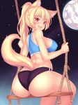  animal_ear_fluff animal_ears ass blonde_hair blush breasts buruma cat_ears cat_tail eyebrows_visible_through_hair fast-runner-2024 from_behind full_moon highres large_breasts long_hair looking_at_viewer looking_back moon open_mouth original ponytail red_eyes sitting sky solo sports_bra star_(sky) starry_sky swing tail tiffy 