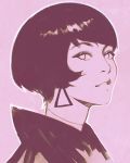  black_hair close-up earrings face from_side highres ilya_kuvshinov jewelry looking_at_viewer monochrome original portrait purple_background short_hair solo 