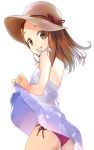  backless_dress backless_outfit bare_shoulders bikini_bottom bonfurai brown_eyes brown_hair cowboy_shot dress hat karakai_jouzu_no_takagi-san looking_at_viewer smile solo standing sun_hat takagi-san white_background white_dress 