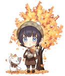  animal autumn_leaves bangs beret black_footwear black_hair blue_eyes blush brown_coat brown_hat brown_legwear brown_scarf cat coat eyebrows_visible_through_hair food hat holding holding_food long_sleeves looking_at_viewer nagu original pantyhose parted_lips plaid plaid_hat plaid_scarf scarf shoes short_hair simple_background solo sweet_potato tree white_background yakiimo 