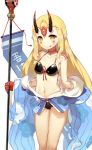  :p bad_id bad_pixiv_id bare_shoulders bikini bikini_under_clothes black_bikini blonde_hair blue_kimono breasts brown_eyes closed_mouth facial_mark fate/grand_order fate_(series) fingernails forehead_mark front-tie_bikini front-tie_top highres holding horns ibaraki_douji_(fate/grand_order) ibaraki_douji_(swimsuit_lancer)_(fate) japanese_clothes jehyun kimono long_fingernails long_hair navel off_shoulder oni oni_horns pointy_ears simple_background small_breasts smile solo standing swimsuit tongue tongue_out very_long_hair white_background 