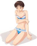  1boy artist_request blue_eyes blush bra brown_hair bulge cropped crossdressing detexted ikari_shinji lingerie male_focus neon_genesis_evangelion panties solo strap_slip sweat third-party_edit underwear wavy_mouth 