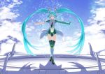  asymmetrical_sleeves black_gloves black_legwear black_leotard black_neckwear blue_eyes blue_hair blue_sky cloud cosmicsnic day fingerless_gloves floating_hair full_body gloves green_eyes hair_between_eyes hatsune_miku highres leotard long_hair looking_at_viewer microphone midriff navel navel_cutout necktie outdoors pen_in_pocket sky smile solo standing stomach thighhighs twintails very_long_hair vocaloid 