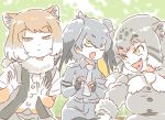  animal_ears belt bird_wings blonde_hair cat_ears collared_shirt commentary elbow_gloves english_commentary eyebrows_visible_through_hair fang fingerless_gloves fox_ears fur_collar gloves green_eyes grey_hair head_wings kemono_friends light_brown_hair mitsumoto_jouji multicolored_hair multiple_girls necktie pallas's_cat_(kemono_friends) shirt shoebill_(kemono_friends) short_hair short_sleeves shorts tibetan_sand_fox_(kemono_friends) tongue tongue_out uniform white_hair wings yellow_eyes 