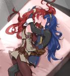  absurdres bed blue_hair brown_gloves closed_eyes commentary commission couple detached_sleeves english_commentary fingerless_gloves fire_emblem fire_emblem:_kakusei from_above gloves hairband highres hug kiss kohiu light_blush long_hair looking_at_another lucina lying multiple_girls on_side pantyhose red_hair selena_(fire_emblem) smile twintails very_long_hair yuri 