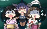  3girls :d alternate_costume black_hair blue_hair blue_swimsuit brown_eyes brown_hair commentary_request dated eyebrows_visible_through_hair eyewear_removed fang floral_print glasses haguro_(kantai_collection) hair_ornament hamu_koutarou highres hitodama i-19_(kantai_collection) japanese_clothes kantai_collection kimono long_hair long_sleeves multiple_girls name_tag obi one-piece_swimsuit open_mouth pince-nez rectangular_mouth red_eyes roma_(kantai_collection) rope sash scared school_swimsuit shaded_face short_hair smile star star-shaped_pupils swimsuit symbol-shaped_pupils wide_sleeves yukata 