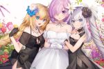  3girls :d arm_hug bangs bare_shoulders black_bow black_dress black_gloves black_ribbon blonde_hair blue_eyes blue_flower blush bow braid breasts choker cleavage closed_mouth commentary_request dress eyebrows_visible_through_hair fate/grand_order fate_(series) flower girl_sandwich gloves hair_between_eyes hair_flower hair_ornament hair_over_one_eye hair_ribbon hand_up heroic_spirit_formal_dress interlocked_fingers jeanne_d'arc_(fate) jeanne_d'arc_(fate)_(all) jewelry long_hair looking_at_viewer marie_antoinette_(fate/grand_order) mash_kyrielight medium_breasts multiple_girls off-shoulder_dress off_shoulder open_mouth own_hands_together parted_lips pendant pink_flower purple_eyes purple_hair red_flower ribbon ribbon_choker sandwiched see-through short_hair silver_hair single_braid sleeveless sleeveless_dress smile strapless strapless_dress twintails very_long_hair white_choker white_dress white_flower white_gloves white_ribbon yellow_flower 