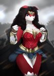  2017 4_fingers absurd_res anthro anthrofied armor big_breasts biped black_hair black_nose blurred_background blush breastplate breasts canine chloe_(metaljaw75) circlet cleavage clothed clothing collarbone cosplay countershade_face countershade_legs countershade_torso countershading crossover dc_comics digital_drawing_(artwork) digital_media_(artwork) eyelashes fan_character female fist floppy_ears front_view fur gauntlets gloves gloves_(marking) grey_background hair half-length_portrait hi_res humanoid_hands long_hair looking_at_viewer lycanroc mammal markings metaljaw75 midnight_lycanroc multicolored_fur nintendo pok&eacute;mon pok&eacute;mon_(species) pok&eacute;morph portrait purple_eyes red_countershading red_fur simple_background skirt smile smirk smug snout socks_(marking) solo standing two_tone_fur unconvincing_armor video_games white_fur wonder_woman 