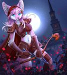  2018 5_fingers anthro arrow blue_eyes bow canine clothed clothing detailed_background digital_media_(artwork) female fennec fox fur hair holding_object holding_weapon ketty-leopardess looking_at_viewer mammal night outside pink_fur pink_hair sky smile solo star starry_sky weapon 