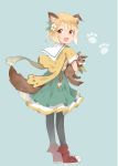  :d animal animal_ears animal_hug bangs black_legwear blonde_hair blush boots braid brown_eyes cartoon_bone commentary_request dog dog_ears dog_girl dog_tail dress eyebrows_visible_through_hair flower full_body granblue_fantasy green_background green_dress green_ribbon hair_between_eyes hair_flower hair_ornament hair_ribbon highres jacket looking_at_viewer looking_back mouth_hold ooyama_imo open_mouth pantyhose pleated_dress red_footwear ribbon short_hair short_sleeves simple_background single_braid smile solo standing tail vajra_(granblue_fantasy) white_flower yellow_jacket 