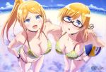  :d :o absurdres ball bangs bare_legs beach beach_volleyball bikini blonde_hair blue_eyes breasts cleavage cloud day eyebrows_visible_through_hair fang foreshortening glasses hand_on_another's_shoulder hand_on_hip harukana_receive highres large_breasts matsuo_nobuyuki megami multiple_girls navel o-ring o-ring_bikini o-ring_bottom ocean open_mouth outdoors ponytail sand semi-rimless_eyewear shiny shiny_skin siblings sisters sky smile sparkle standing swimsuit thomas_claire thomas_emily under-rim_eyewear volleyball 