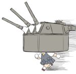  big_head blew_andwhite brown_footwear cannon chibi clenched_hands commentary_request flat_color full_body graphite_(medium) grey_skirt hatsukaze_(kantai_collection) kantai_collection miniskirt running short_sleeves simple_background skirt solo speed_lines traditional_media turret white_background white_legwear 