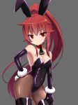  alice360 animal_ears ascot black_ascot black_gloves black_legwear black_leotard breasts brown_legwear bunny_ears bunny_tail bunnysuit cowboy_shot detached_collar elbow_gloves elesis_(elsword) elsword gloves grey_background hand_on_hip leotard long_hair looking_at_viewer medium_breasts pantyhose ponytail red_eyes red_hair scrunchie solo standing strapless strapless_leotard tail thighhighs white_scrunchie wrist_scrunchie 