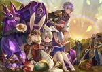  4boys animal_ears aosta_(sdorica_-sunset-) black_gloves book brother_and_sister bunny_ears character_request charle_(sdorica_-sunset-) closed_eyes egg experiment_46 facing_viewer flower gloves grey_hair hand_up hat holding holding_book jeonpa leah_(sdorica_-sunset-) lio_(sdorica_-sunset-) monocle multiple_boys open_book open_mouth outdoors paws purple_hair red_eyes sdorica_-sunset- siblings sitting standing sunset thought_bubble white_hair 