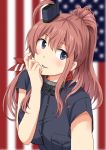  absurdres american_flag anchor black_dress blue_eyes blurry breast_pocket brown_hair commentary_request depth_of_field dress flag_background hair_between_eyes hair_ornament highres kantai_collection looking_at_viewer neckerchief pocket ponytail red_neckwear saratoga_(kantai_collection) side_ponytail sidelocks smokestack solo upper_body yinzhai 