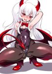  absurdres ahoge albino arm_behind_head arm_up armpits ass ass_visible_through_thighs bangs bare_arms bare_shoulders black_leotard blush bow bowtie breasts brown_legwear bunnysuit commentary_request covered_navel dark_persona demon_girl demon_horns demon_tail demon_wings detached_collar evo_grim eyebrows_visible_through_hair fang gradient_horns grim_aloe hair_between_eyes harigane_shinshi head_tilt high_heels highleg highleg_leotard highres horns leotard long_hair looking_at_viewer low_wings nose_blush open_mouth pantyhose quiz_magic_academy quiz_magic_academy_the_world_evolve red_eyes red_footwear red_horns red_neckwear red_tail red_wings shadow shiny shiny_clothes sidelocks simple_background small_breasts smile solo spread_legs squatting strapless strapless_leotard tail tsurime twintails white_background white_hair wings 