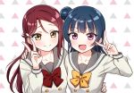  :d arm_around_waist bangs blue_hair bow bowtie collarbone deadnooodles double-breasted eyebrows_visible_through_hair fang hair_ornament hairclip hand_on_another's_shoulder long_hair long_sleeves looking_at_viewer love_live! love_live!_sunshine!! multiple_girls open_mouth patterned_background purple_eyes red_hair red_neckwear sakurauchi_riko school_uniform serafuku smile tsushima_yoshiko upper_body uranohoshi_school_uniform v yellow_eyes yellow_neckwear 