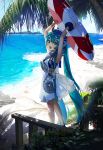  adapted_costume anchor_symbol aqua_eyes aqua_hair armpits arms_up bangs beach blue_sky blush cloud day dress dust_particles eyebrows_visible_through_hair hair_between_eyes hair_ornament hair_ribbon hat hatsune_miku holding holding_innertube honnou_(kjs9504) innertube lifebuoy long_hair looking_at_viewer ocean open_mouth outdoors palm_tree ribbon sand scrunchie shoes sidelocks sky sleeveless sleeveless_dress solo sparkle stairs starfish taito_four_seasons_figure_(vocaloid) tree twintails upper_teeth very_long_hair vocaloid white_dress wind wind_lift wrist_scrunchie 