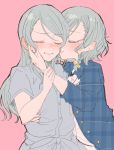  bang_dream! blue_hair blush braid cheek_kiss closed_eyes hikawa_hina hikawa_sayo holding_another's_arm incest itomugi-kun kiss long_hair multiple_girls pink_background short_hair siblings sisters smile twincest twins yuri 