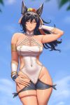  animal_ears armband bangs bare_hips bare_shoulders black_hair blue_sky breasts cleavage cloud cloudy_sky commentary covered_navel cowboy_shot day english_commentary flower gold_trim granblue_fantasy hair_between_eyes hair_flower hair_ornament hair_ribbon highres ilsa_(granblue_fantasy) large_breasts long_hair looking_at_viewer lvl_(sentrythe2310) one-piece_swimsuit outdoors palm_leaf red_eyes ribbon skindentation sky solo sunglasses swimsuit white_swimsuit 