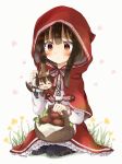  1girl :&lt; alternate_costume anger_vein animal_ears apple basket blush brown_hair chibi cloak commentary fangs food fruit highres holding_person hood hooded_cloak kemonomimi_mode kono_subarashii_sekai_ni_shukufuku_wo! little_red_riding_hood megumin miniboy pantyhose red_eyes satou_kazuma seiza short_hair_with_long_locks sitting tail white_background wolf_ears wolf_paws wolf_tail yuno_(suke_yuno) 