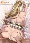  1girl all_fours alternate_costume animal_ears ass ass_grab backboob blonde_hair breasts bunny_ears doggystyle fire_emblem fire_emblem_heroes from_behind fur gloves green_eyes hetero highres kaorihero long_hair looking_back looking_up low-tied_long_hair no_bra pov sex sharena shoulder_blades 