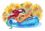  barefoot bikini dark_skin flowers green_eyes iida_(splatoon) signed sizu splatoon summer sunflower swim_ring swimsuit tentacles wink wristwear 