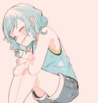  ^_^ bang_dream! blue_hair blue_tank_top blush bow braid casual closed_eyes crossed_arms denim denim_shorts elbows_on_knees hair_bow happy hikawa_hina itomugi-kun knees_up muted_color open_mouth pink_background short_hair shorts side_braids sitting smile solo tank_top twin_braids yellow_bow 