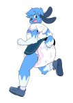  anthro blue_fur clothed clothing crossdressing cuddlehooves diaper fur lagomorph looking_at_viewer looking_back male mammal rabbit running simple_background skirt solo white_background 