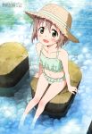  :d absurdres bare_legs bare_shoulders barefoot bikini blush body_blush brown_hat collarbone day flat_chest frilled_bikini frills full_body green_bikini green_eyes hair_between_eyes hat highres knees_together_feet_apart light_brown_hair looking_at_viewer magazine_scan megami navel official_art open_mouth outdoors rock scan sitting smile soaking_feet solo straw_hat swimsuit tongue water yama_no_susume yokota_takumi yukimura_aoi 