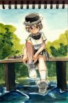  absurdres black_hat black_skirt bow brown_eyes brown_hair commentary day english_commentary hat hat_bow highres huge_filesize looking_down outdoors pompmaker1 removing_legwear scan shoes_removed short_hair sitting sketchpad skirt socks solo touhou traditional_media undressing usami_renko water watercolor_(medium) white_bow 
