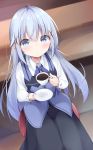  ahoge bad_id bad_pixiv_id bangs black_skirt blue_bow blue_eyes blue_hair blue_vest blurry blurry_background blush bow closed_mouth coffee collared_shirt commentary_request cup depth_of_field dutch_angle eyebrows_visible_through_hair gochuumon_wa_usagi_desu_ka? hair_between_eyes hair_ornament highres holding holding_cup holding_saucer indoors kafuu_chino kyuukon_(qkonsan) long_hair long_sleeves looking_at_viewer rabbit_house_uniform saucer shirt sitting skirt solo stool teacup very_long_hair vest white_shirt x_hair_ornament 
