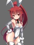  alice360 animal_ears ascot black_ascot breasts bunny_ears bunny_tail bunnysuit cowboy_shot detached_collar elbow_gloves elesis_(elsword) elsword gloves grey_background hand_on_hip leotard long_hair looking_at_viewer medium_breasts ponytail red_eyes red_hair scrunchie solo standing strapless strapless_leotard tail thighhighs white_gloves white_legwear white_leotard white_scrunchie wrist_scrunchie 
