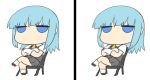  aqua_hair bangs big_head blew_andwhite blue_eyes brown_footwear chair chibi commentary_request crossed_arms crossed_legs expressionless flat_color full_body gloves graphite_(medium) grey_skirt half-closed_eyes hatsukaze_(kantai_collection) jitome kantai_collection looking_at_viewer miniskirt no_mouth no_nose no_pupils pleated_skirt recurring_image short_sleeves simple_background sitting sketch skirt traditional_media white_background white_gloves white_legwear 