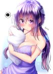  bangs bare_arms bare_shoulders blush breasts cleavage collarbone embarrassed eyebrows_visible_through_hair eyes_visible_through_hair hair_tie large_breasts looking_at_viewer low_twintails mokufuu nail_polish nightgown no_bra original pillow pillow_hug pink_nails pout purple_eyes purple_hair purple_nightgown shiny shiny_skin sideboob sidelocks solo spoken_squiggle squiggle strap_slip twintails twitter_username 