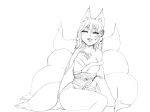  1girl animal_ears breasts camel_(dansen) character_request cleavage facial_mark female fox_ears fox_tail hair_ornament monochrome multiple_tails off_shoulder solo tail tongue tongue_out 