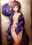  alternate_costume alternate_hairstyle arm_up bed_sheet blush breasts brown_eyes collarbone commentary_request eyebrows_visible_through_hair fingernails flower futon groin hagikaze_(kantai_collection) hair_flower hair_ornament hairclip highres indoors japanese_clothes kamelie kantai_collection kimono long_hair long_sleeves looking_at_viewer lying medium_breasts navel night no_bra no_panties off_shoulder on_back open_clothes open_kimono open_mouth ponytail print_kimono purple_hair purple_kimono red_ribbon ribbon sideboob solo stomach sweat wide_sleeves yukata 