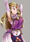  armpits belt blonde_hair breasts earrings elbow_gloves elf forehead_jewel gloves highres jewelry kaorihero long_hair looking_to_the_side medium_breasts pointy_ears princess_zelda simple_background smile solo stretch the_legend_of_zelda the_legend_of_zelda:_ocarina_of_time 