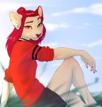  2018 anthro cat clothed clothing day digital_media_(artwork) ear_piercing feline female hair looking_at_viewer mammal outside piercing red_eyes red_hair red_nose sitting sky smile smileeeeeee solo 