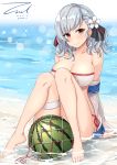 alternate_costume arm_support arms_behind_back bangs beach bikini black_ribbon blurry blush bokeh breasts cleavage closed_mouth collarbone dated day depth_of_field eyebrows_visible_through_hair food fruit full_body girls_frontline hair_ribbon jacket knees_up large_breasts leaning_back long_hair looking_at_viewer ocean off_shoulder outdoors red_eyes ribbon sand sidelocks signature silver_hair sitting skindentation smile solo sparkle spas-12_(girls_frontline) swimsuit thigh_strap twintails twitter_username unel watermelon white_bikini 