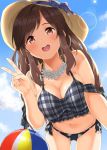  ass_visible_through_thighs ball beach beachball bent_over blue_bow blue_sky blush bow breasts brown_eyes brown_hair cleavage cloud cloudy_sky commentary_request cowboy_shot day flower flower_necklace from_below hat idolmaster idolmaster_shiny_colors jewelry large_breasts lens_flare long_hair looking_at_viewer mamedenkyuu_(berun) necklace open_mouth outdoors sky smile solo standing sun sun_hat swimsuit tsukioka_kogane v wading 
