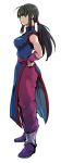  bangs black_hair blue_eyes breasts chi-chi_(dragon_ball) china_dress chinese_clothes dragon_ball dragon_ball_(classic) dress eyelashes full_body hand_on_hip light_smile long_hair ponytail profile purple_footwear simple_background sleeveless smile solo st62svnexilf2p9 standing white_background wristband 